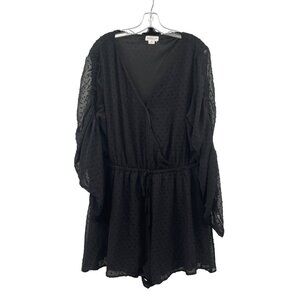 CHIC SOUL Womens Dotted Swiss Romper V-Neck Long Sheer Sleeve Black Size 3X